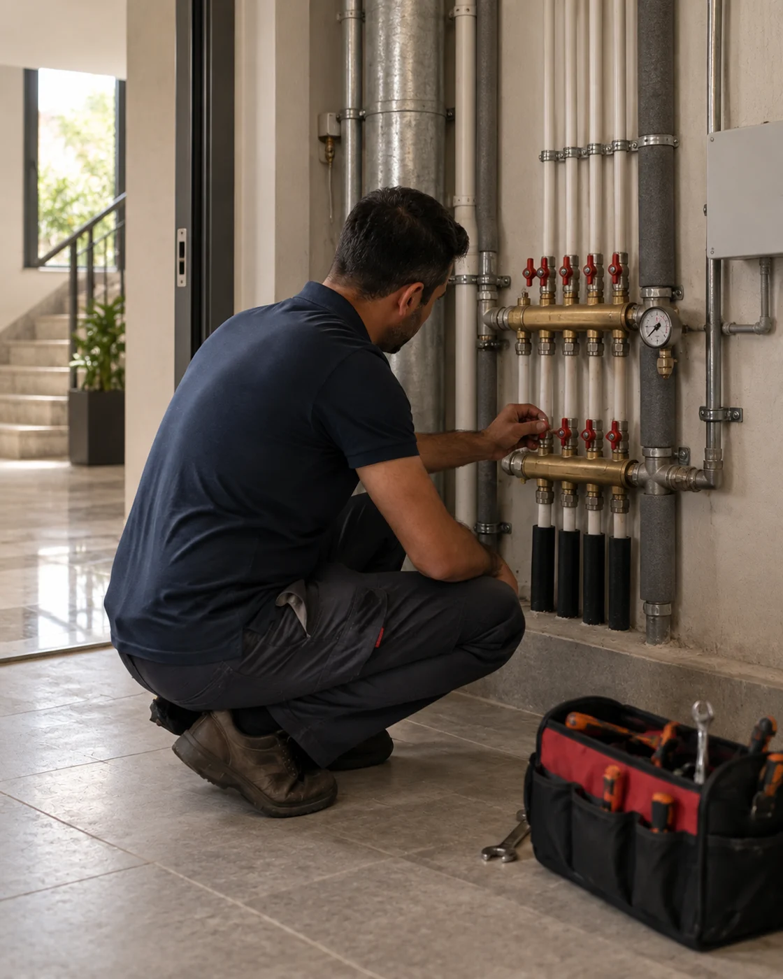 Apartmanın ortak teknik alanındaki tesisat sistemini kontrol eden uzman; yapay zekâyla üretilmiş temsili görsel